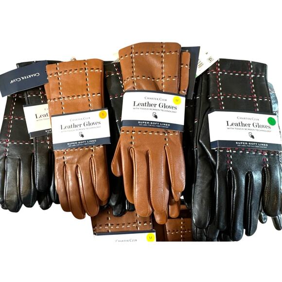 Charter Club Plaid Top Stitch Leather Smart Gloves Super Soft Lining New - Picture 1 of 6